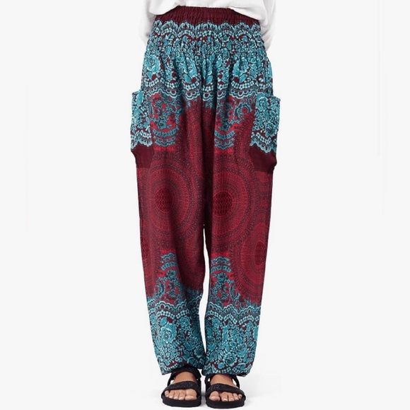 🤎 HAPPY TRUNKS Bohemian Blue/Burgundy Harem Pants - Picture 1 of 4